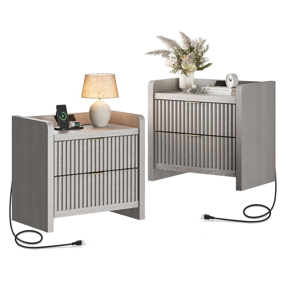 22" Natural Wood Ribbed Texture Two Drawer Nightstand with USB Port and Integrated Tech HomeRoots