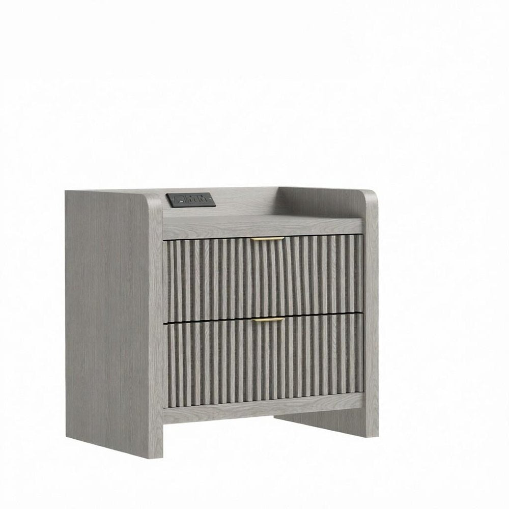 22" Natural Wood Ribbed Texture Two Drawer Nightstand with USB Port and Integrated Tech HomeRoots