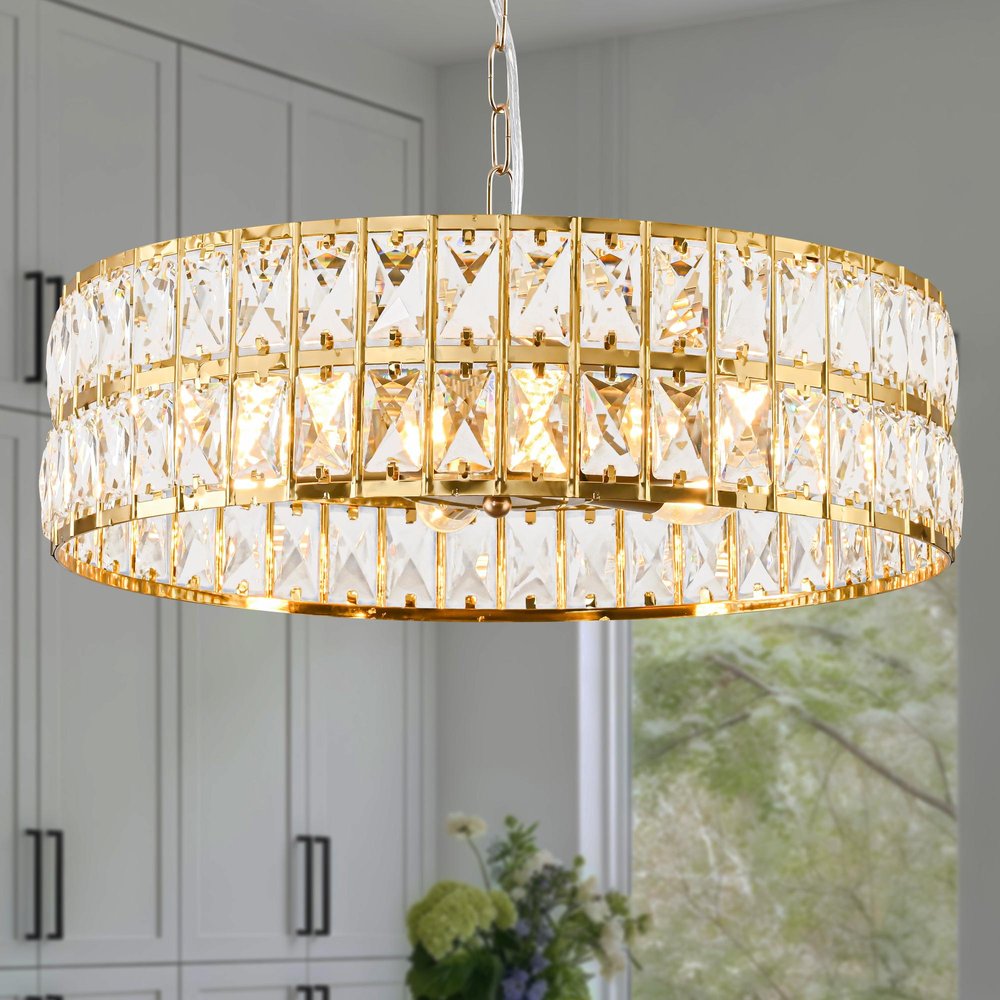 Black Kitchen Island Six Light Crystal and Rope Beveled Glass Flush Chandelier With Gold Shades — view 1
