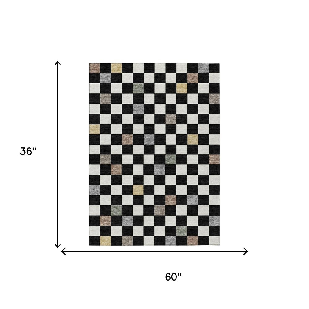 3' X 5' Black And Yellow Geometric Washable Indoor Outdoor Area Rug — view 6