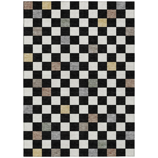 3' X 5' Black And Yellow Geometric Washable Indoor Outdoor Area Rug