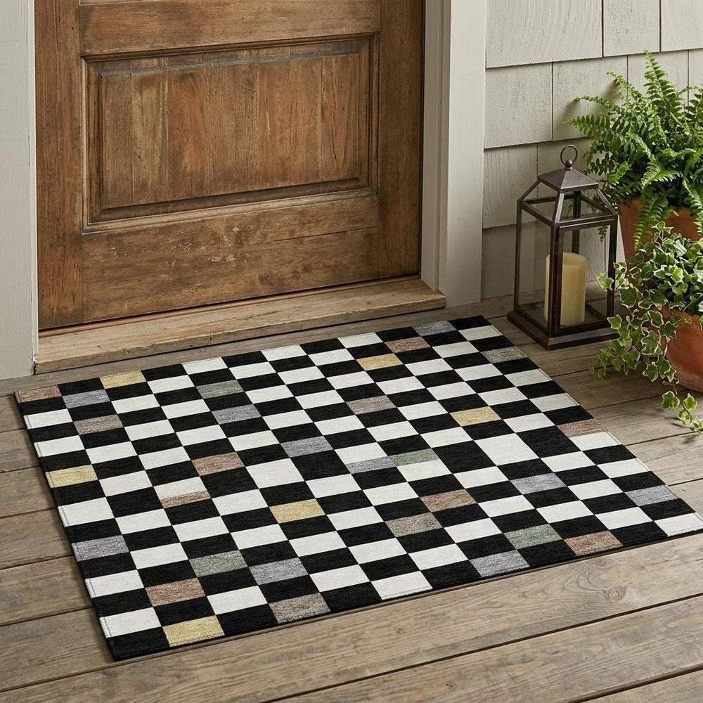 3' X 5' Black And Yellow Geometric Washable Indoor Outdoor Area Rug — view 7