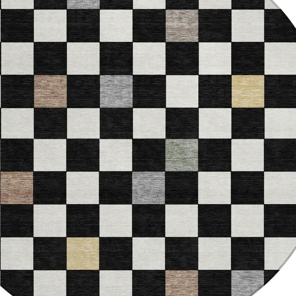 8' Black And Yellow Round Geometric Washable Indoor Outdoor Area Rug — view 7