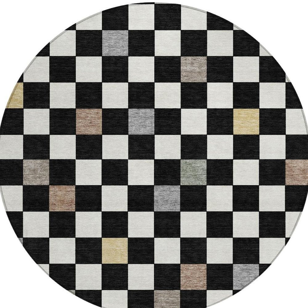 8' Black And Yellow Round Geometric Washable Indoor Outdoor Area Rug — view 8