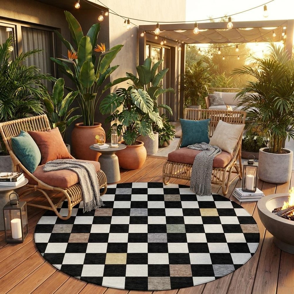 8' Black And Yellow Round Geometric Washable Indoor Outdoor Area Rug HomeRoots