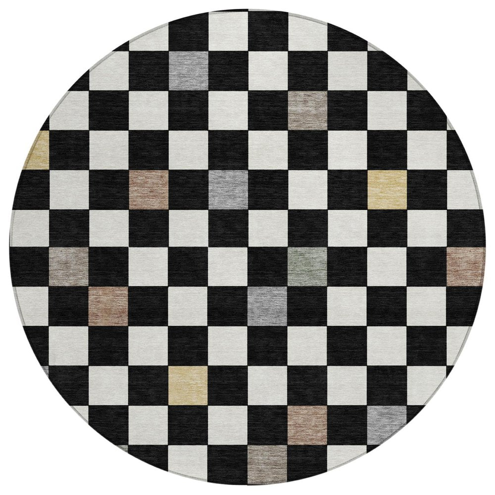 8' Black And Yellow Round Geometric Washable Indoor Outdoor Area Rug — view 1