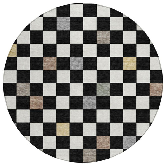 8' Black And Yellow Round Geometric Washable Indoor Outdoor Area Rug