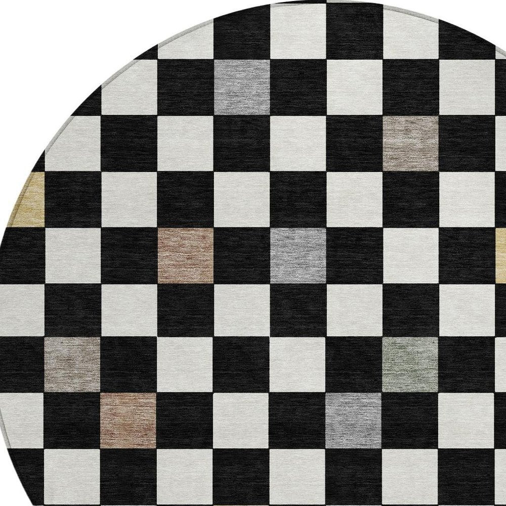 8' Black And Yellow Round Geometric Washable Indoor Outdoor Area Rug — view 4