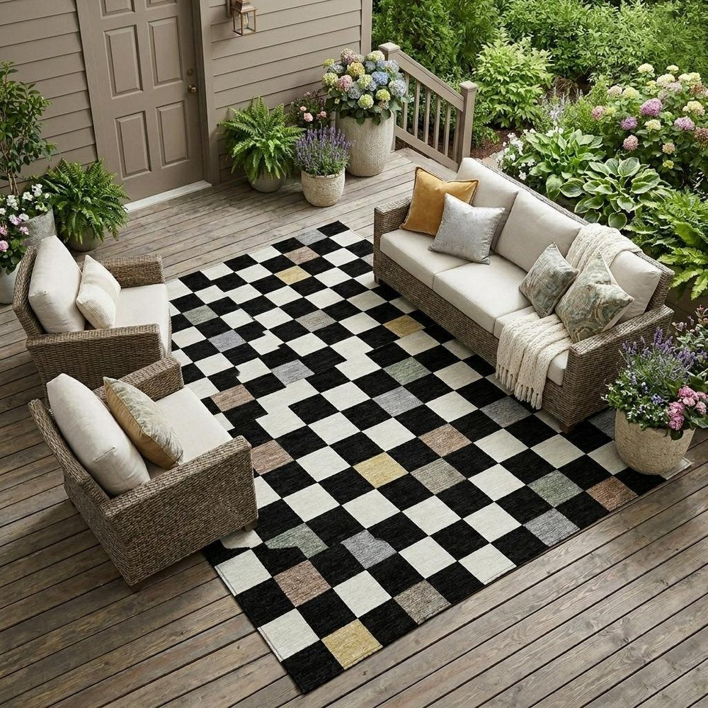 9' X 12' Black And Yellow Geometric Washable Indoor Outdoor Area Rug HomeRoots