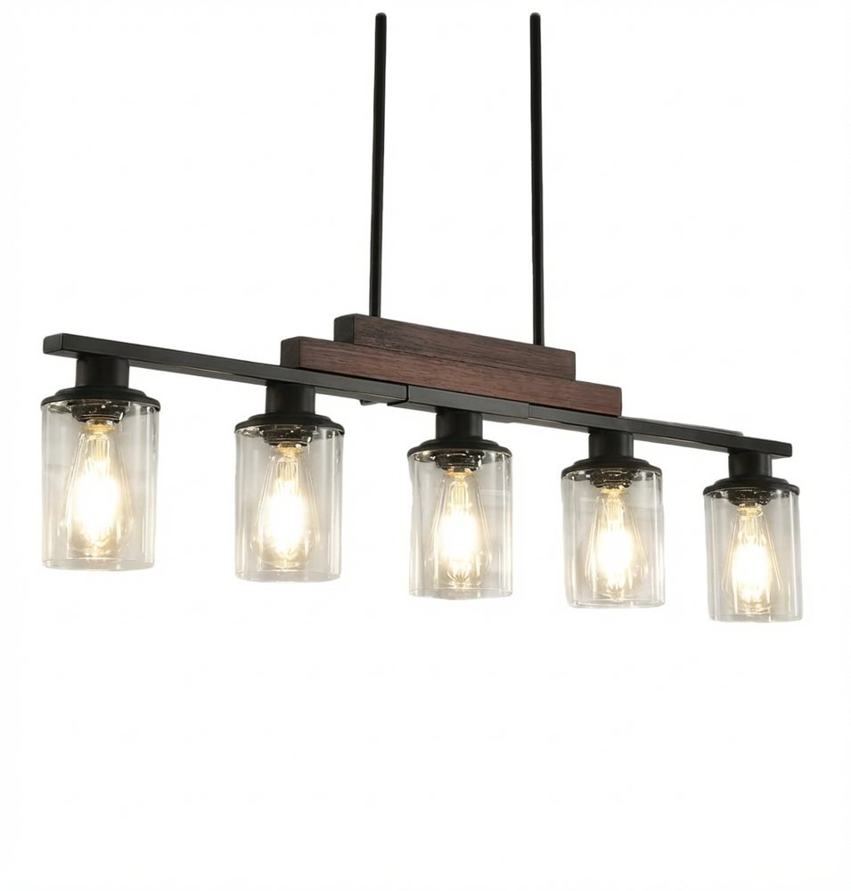 Black Kitchen Island Five Light Plastic and Wrought Iron Transparent Glass Flush Chandelier With Stone Shades — view 3
