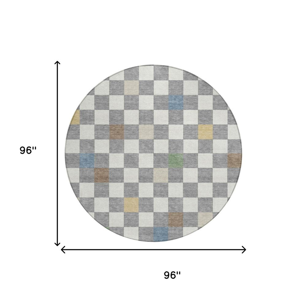 8' Gray And Beige Round Geometric Washable Indoor Outdoor Area Rug — view 6