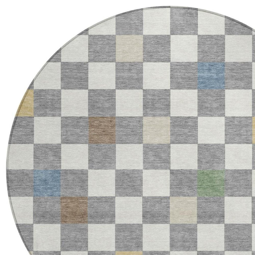 8' Gray And Beige Round Geometric Washable Indoor Outdoor Area Rug HomeRoots