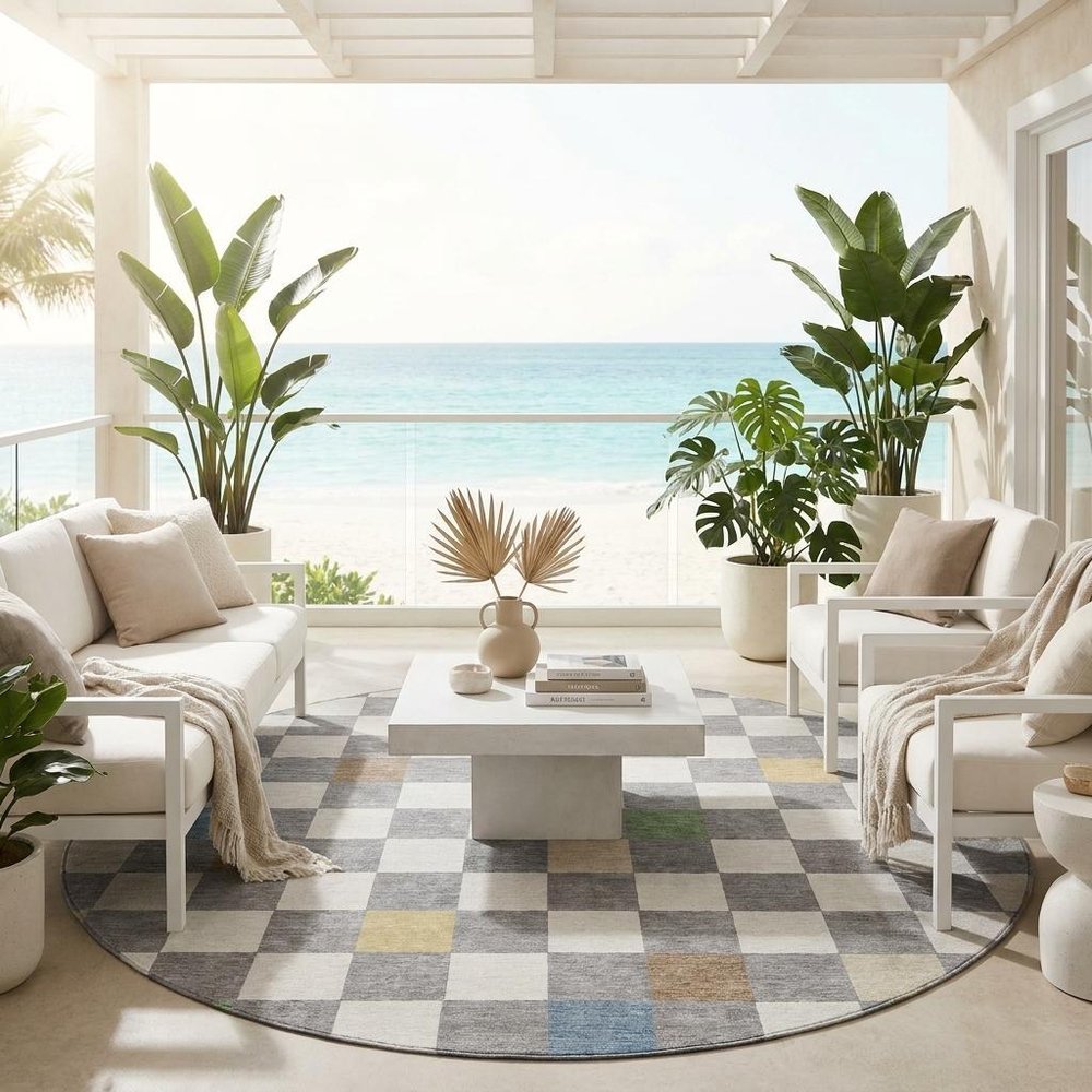 8' Gray And Beige Round Geometric Washable Indoor Outdoor Area Rug — view 8