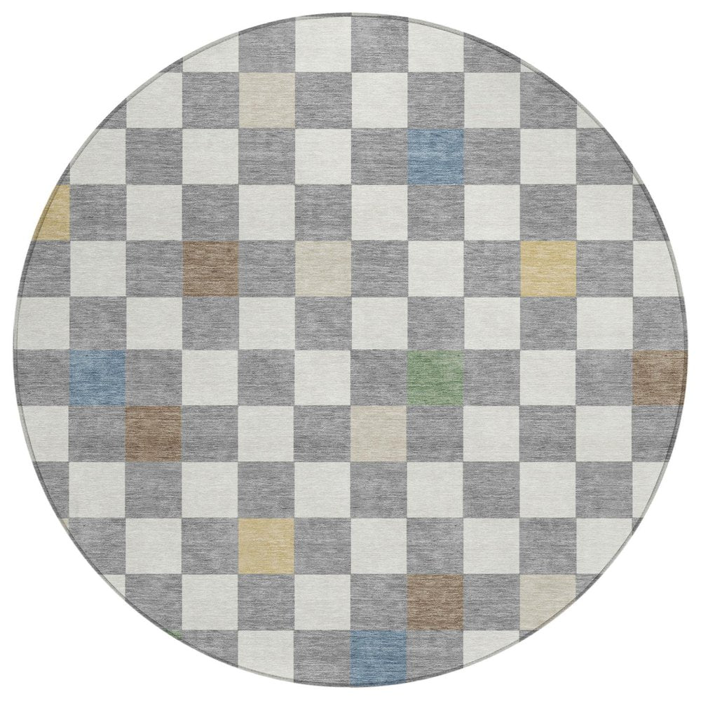 8' Gray And Beige Round Geometric Washable Indoor Outdoor Area Rug HomeRoots