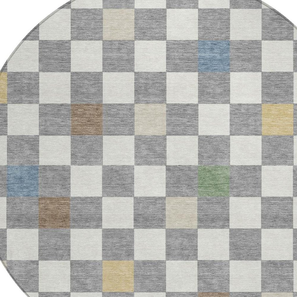 8' Gray And Beige Round Geometric Washable Indoor Outdoor Area Rug — view 4