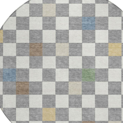 8' Gray And Beige Round Geometric Washable Indoor Outdoor Area Rug HomeRoots