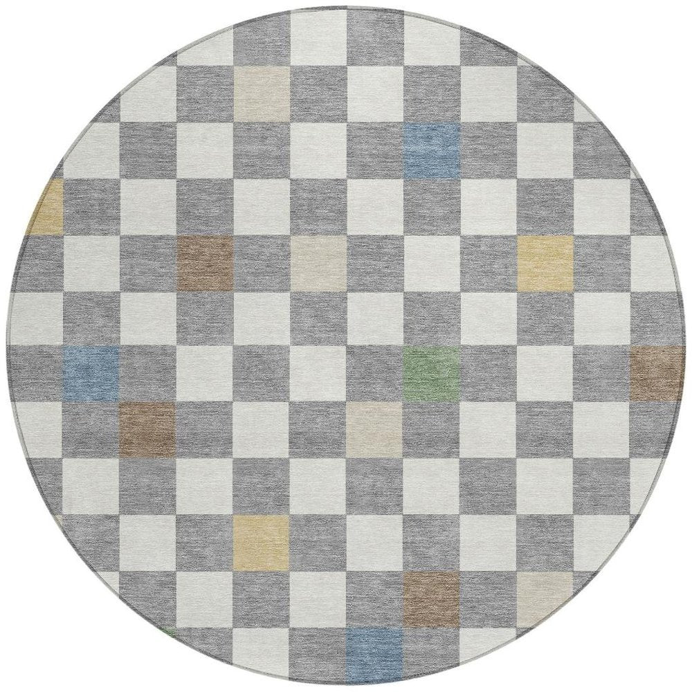 8' Gray And Beige Round Geometric Washable Indoor Outdoor Area Rug HomeRoots