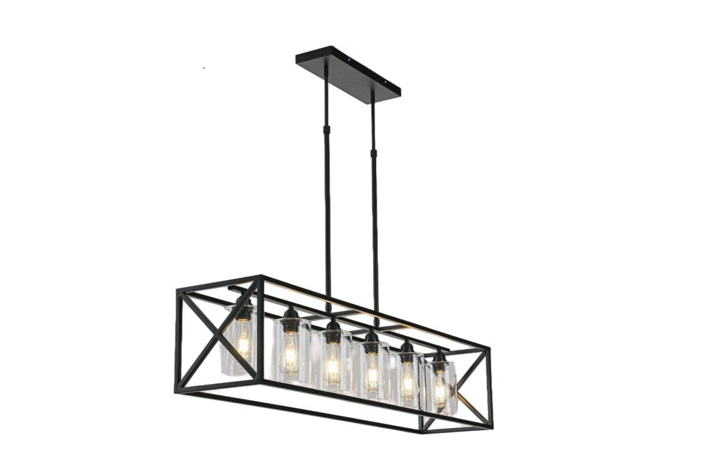 Black Kitchen Island Six Light Acrylic and Wrought Iron Mercury Glass Flush Chandelier With Black Shades — view 1