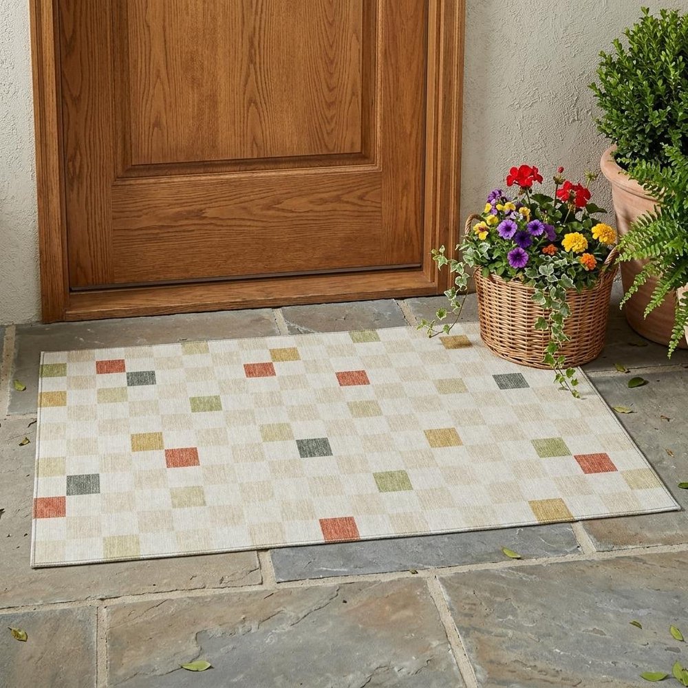 3' X 5' Ivory And Beige Geometric Washable Indoor Outdoor Area Rug — view 7