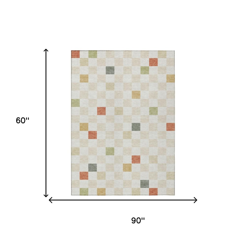5' X 8' Ivory And Beige Geometric Washable Indoor Outdoor Area Rug