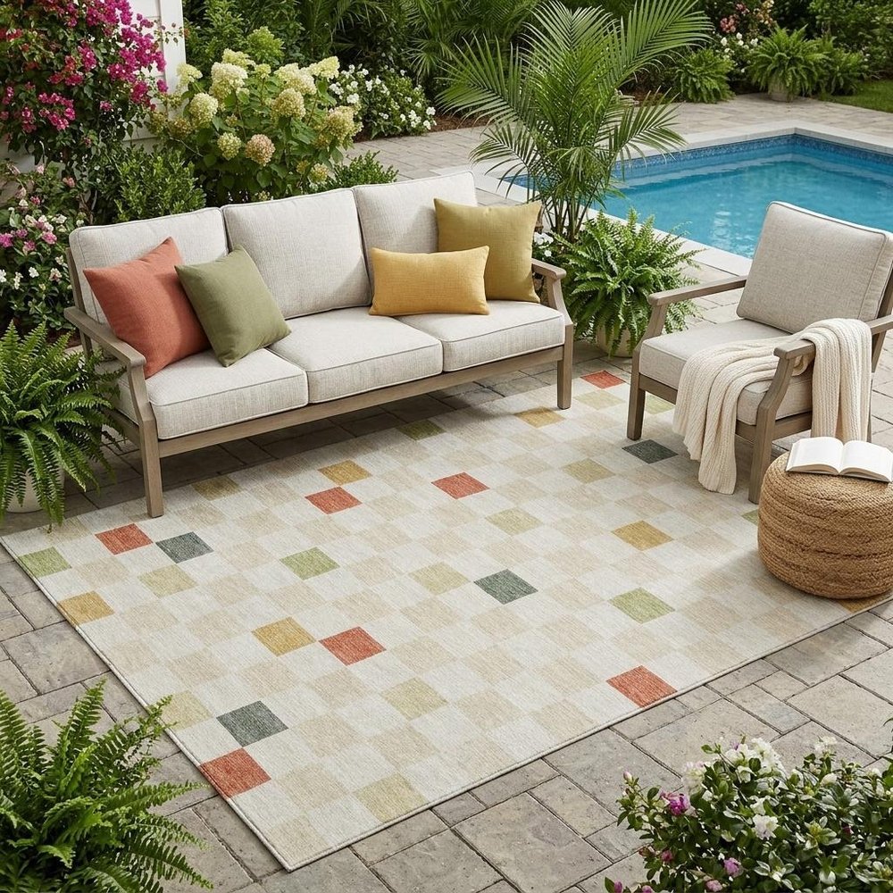 5' X 8' Ivory And Beige Geometric Washable Indoor Outdoor Area Rug