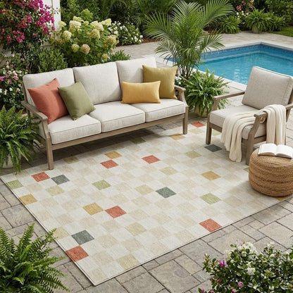 5' X 8' Ivory And Beige Geometric Washable Indoor Outdoor Area Rug