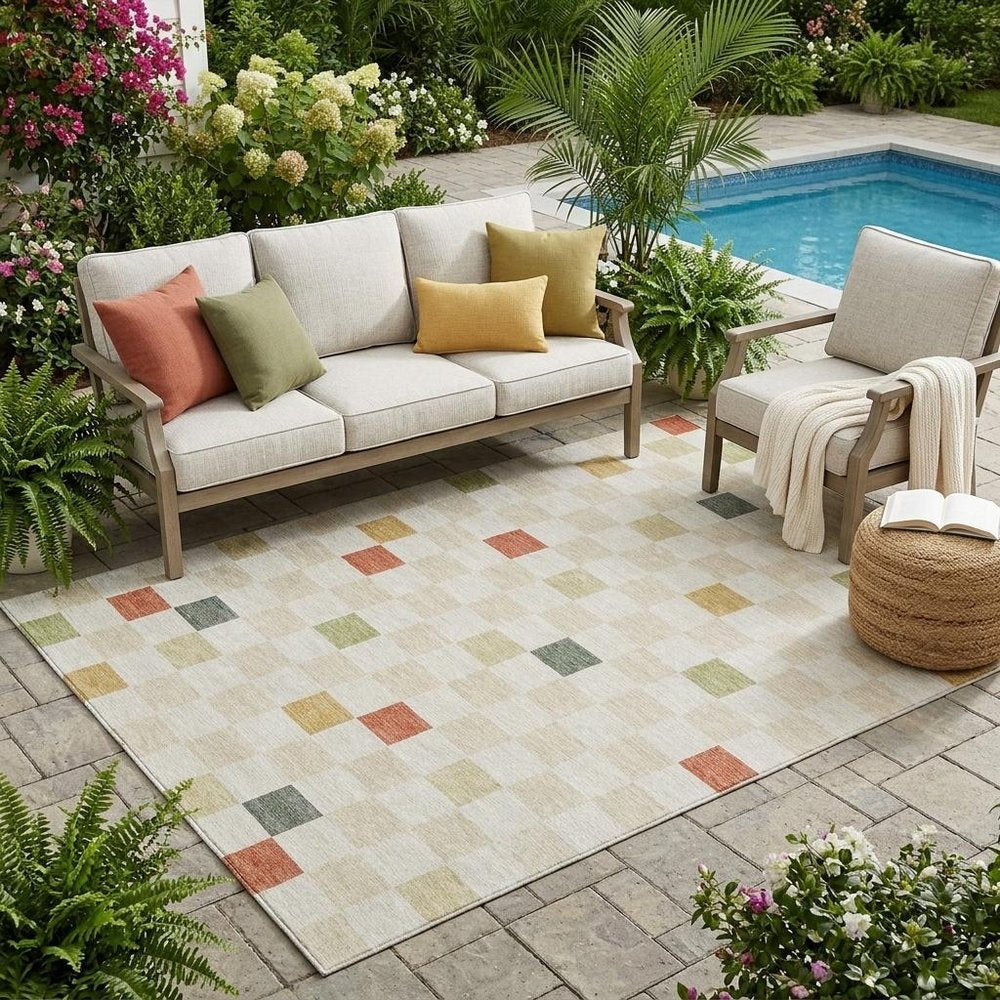 5' X 8' Ivory And Beige Geometric Washable Indoor Outdoor Area Rug — view 7