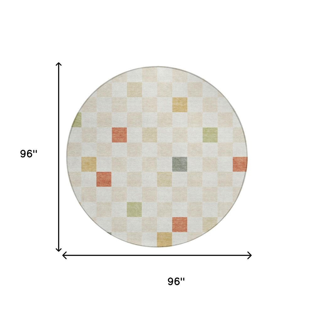 8' Ivory And Beige Round Geometric Washable Indoor Outdoor Area Rug — view 6