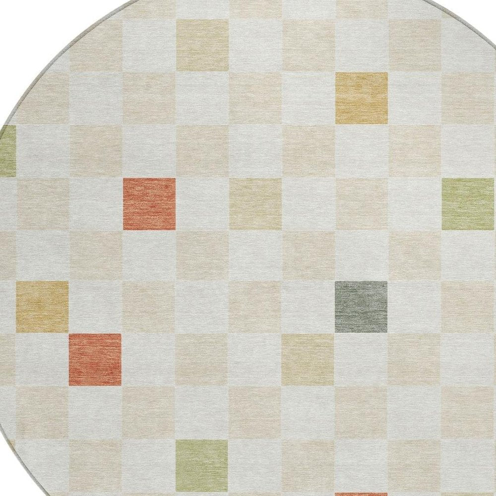 8' Ivory And Beige Round Geometric Washable Indoor Outdoor Area Rug — view 7