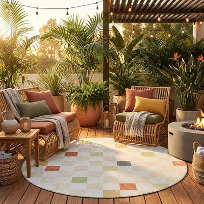 8' Ivory And Beige Round Geometric Washable Indoor Outdoor Area Rug HomeRoots