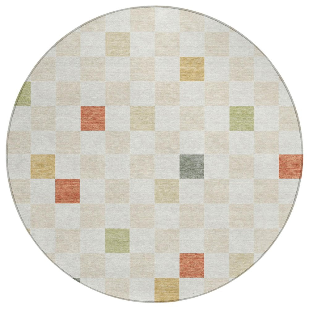 8' Ivory And Beige Round Geometric Washable Indoor Outdoor Area Rug HomeRoots