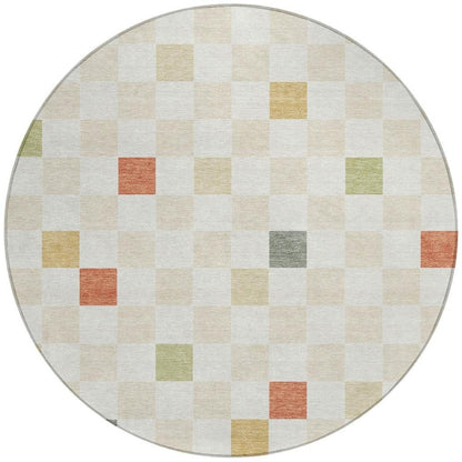 8' Ivory And Beige Round Geometric Washable Indoor Outdoor Area Rug HomeRoots