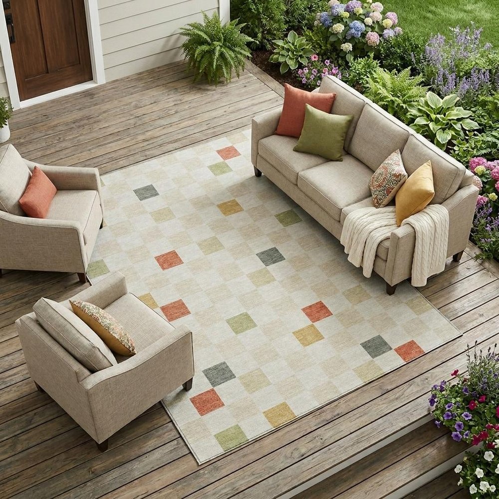 8' X 10' Ivory And Beige Geometric Washable Indoor Outdoor Area Rug — view 7