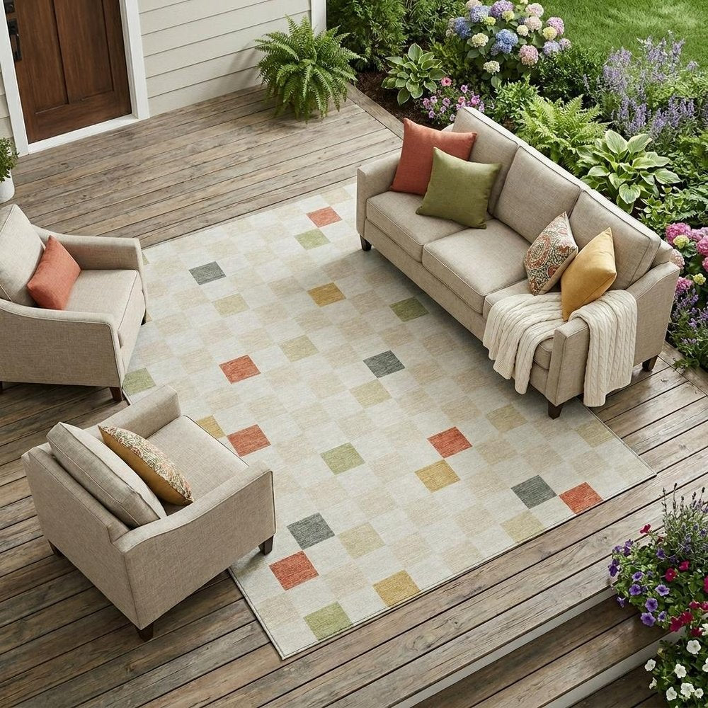 8' X 10' Ivory And Beige Geometric Washable Indoor Outdoor Area Rug HomeRoots