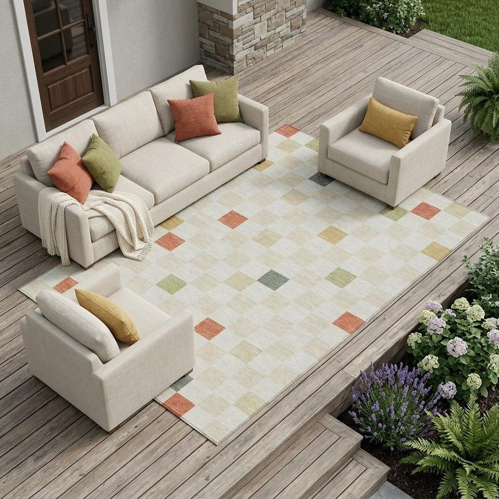 10' X 14' Ivory And Beige Geometric Washable Indoor Outdoor Area Rug