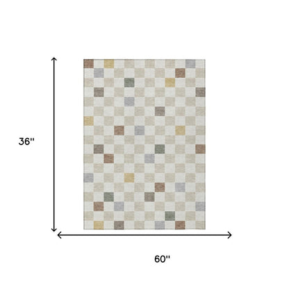 3' X 5' Linen And Black Geometric Washable Indoor Outdoor Area Rug HomeRoots