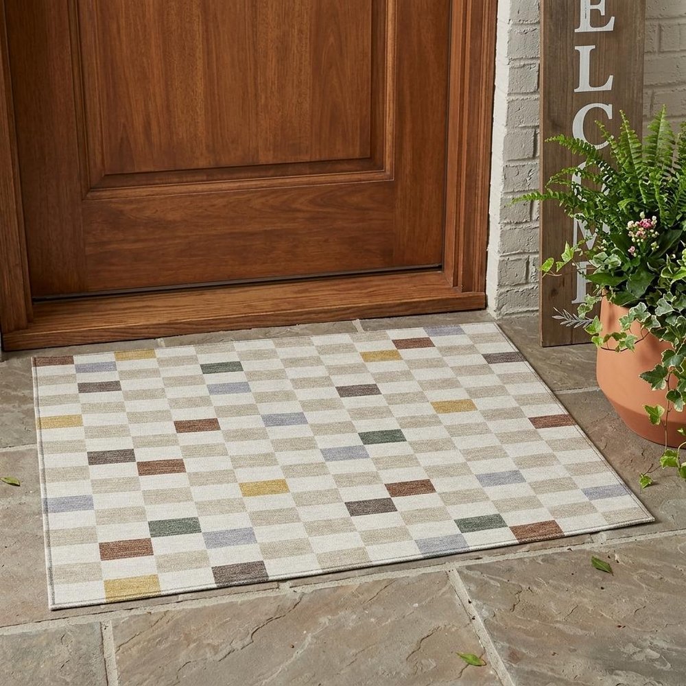3' X 5' Linen And Black Geometric Washable Indoor Outdoor Area Rug HomeRoots