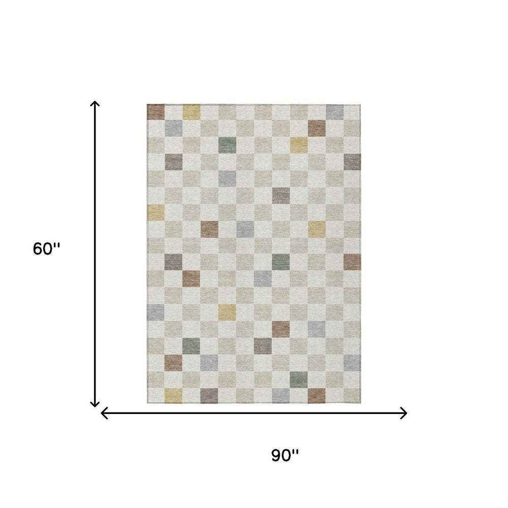 5' X 8' Linen And Black Geometric Washable Indoor Outdoor Area Rug — view 6