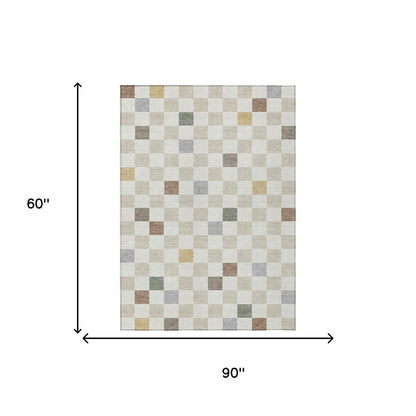 5' X 8' Linen And Black Geometric Washable Indoor Outdoor Area Rug HomeRoots