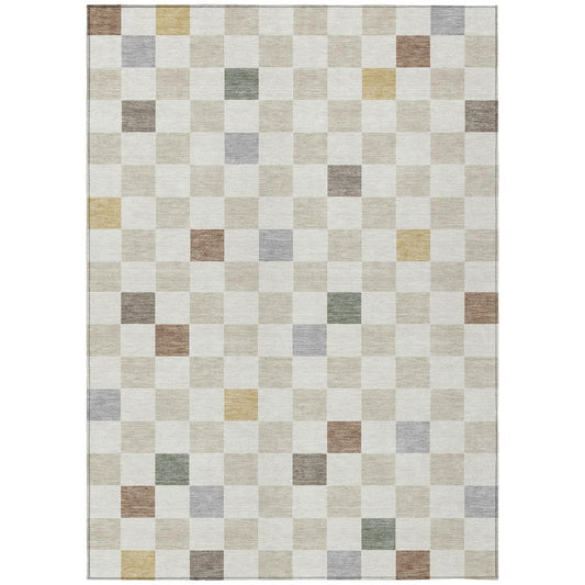 5' X 8' Linen And Black Geometric Washable Indoor Outdoor Area Rug