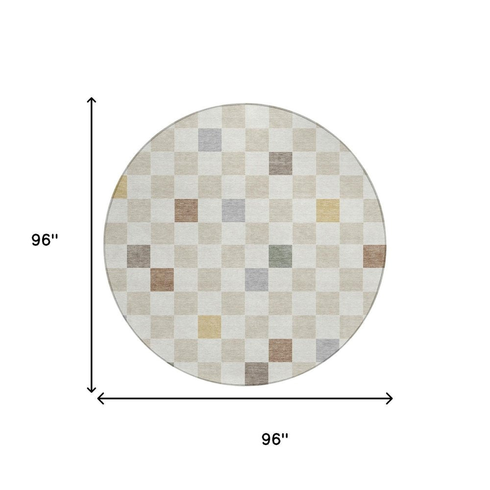 8' Linen And Black Round Geometric Washable Indoor Outdoor Area Rug — view 6