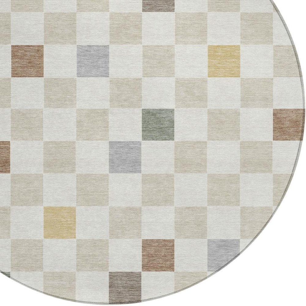 8' Linen And Black Round Geometric Washable Indoor Outdoor Area Rug — view 7