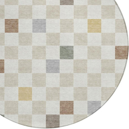 8' Linen And Black Round Geometric Washable Indoor Outdoor Area Rug HomeRoots