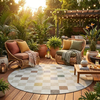 8' Linen And Black Round Geometric Washable Indoor Outdoor Area Rug HomeRoots