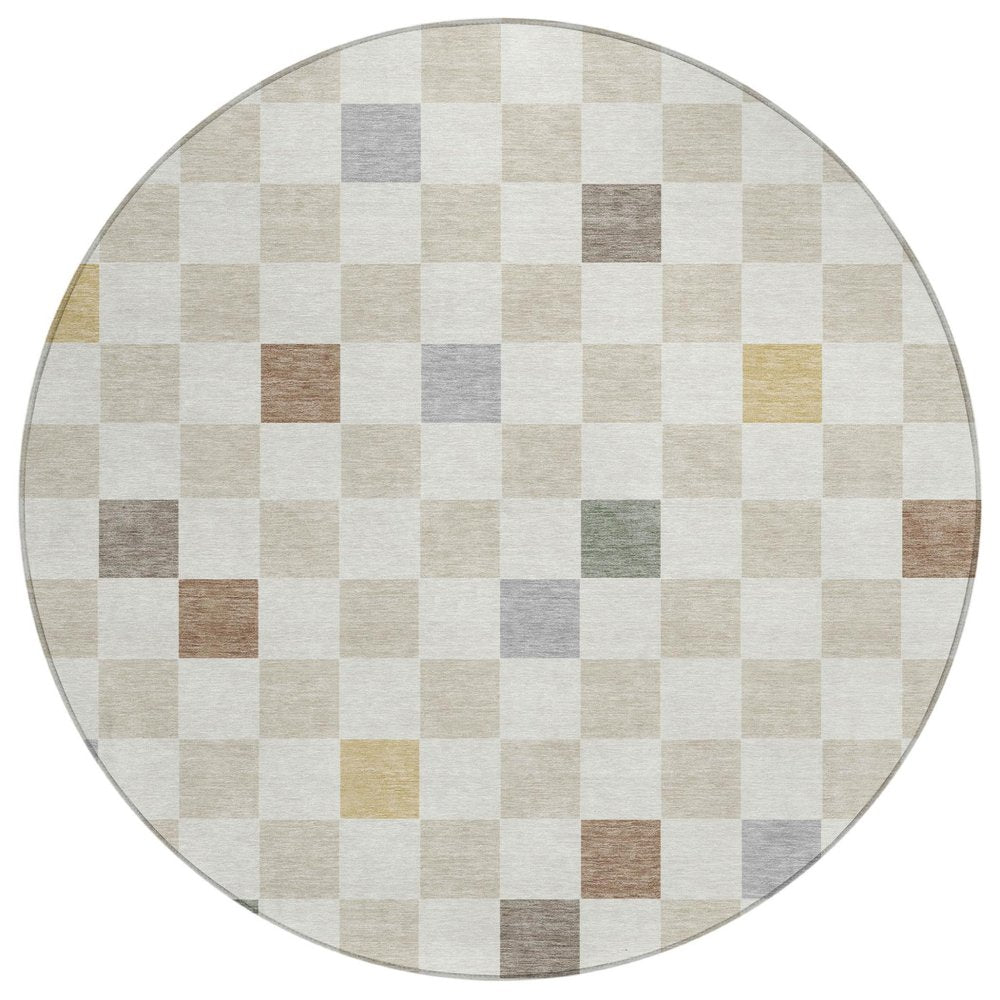 8' Linen And Black Round Geometric Washable Indoor Outdoor Area Rug — view 1