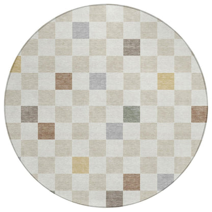 8' Linen And Black Round Geometric Washable Indoor Outdoor Area Rug HomeRoots