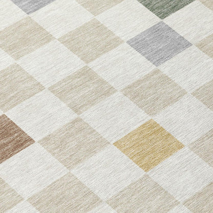 8' Linen And Black Round Geometric Washable Indoor Outdoor Area Rug