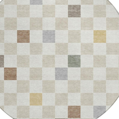 8' Linen And Black Round Geometric Washable Indoor Outdoor Area Rug