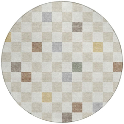 8' Linen And Black Round Geometric Washable Indoor Outdoor Area Rug