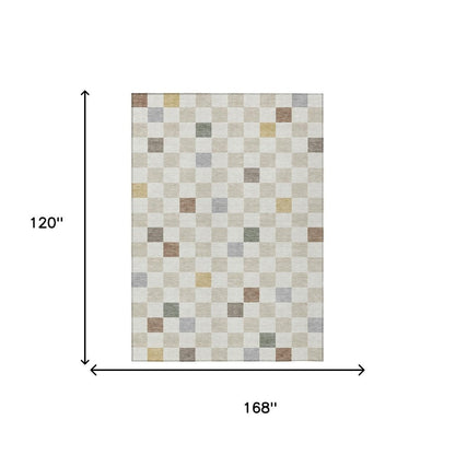 10' X 14' Linen And Black Geometric Washable Indoor Outdoor Area Rug